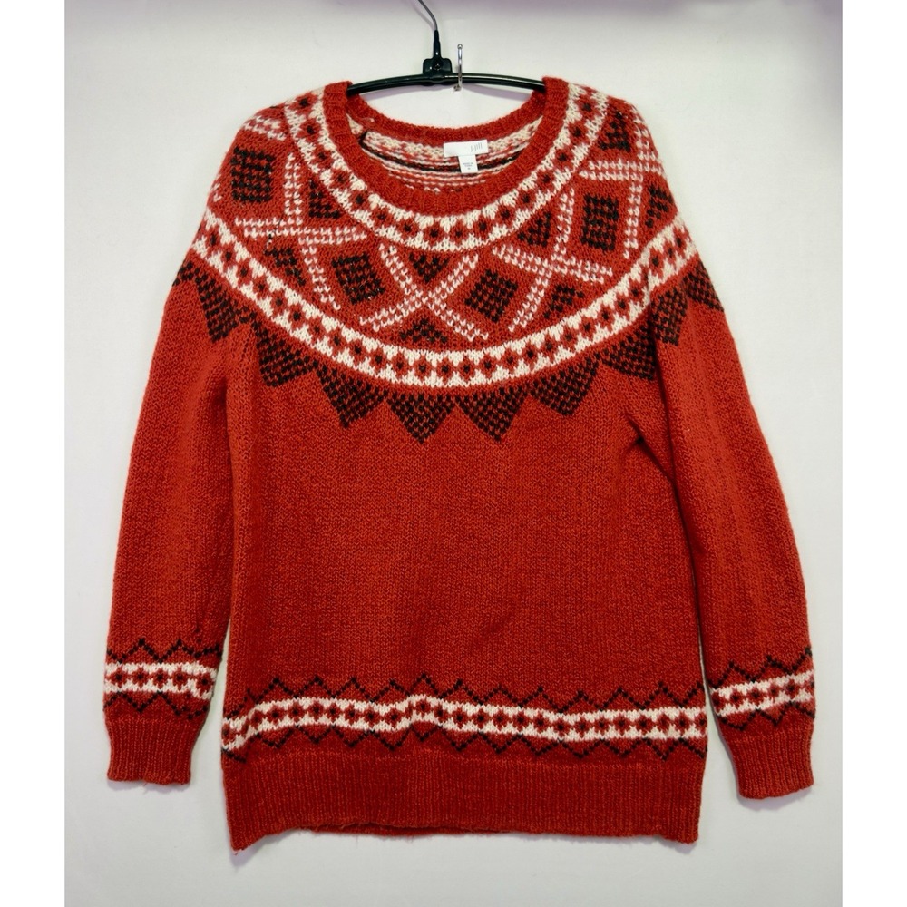 J Jill Fair Isle Sweater Womens M Red Wool Blend Nordic Crewneck Pullover